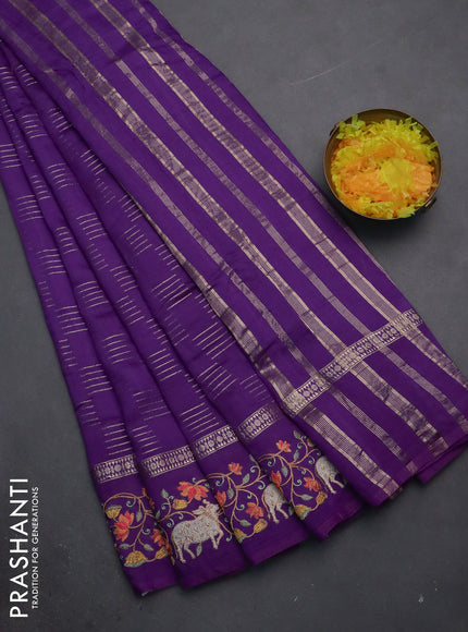 Semi chanderi saree violet with allover zari woven geometric weaves and pichwai embroidery border