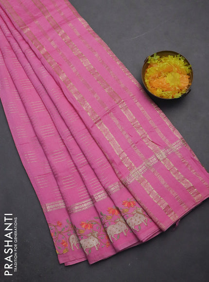 Semi chanderi saree light pink with allover zari woven geometric weaves and pichwai embroidery border