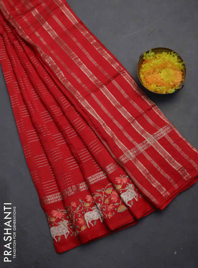 Semi chanderi saree red with allover zari woven geometric weaves and pichwai embroidery border