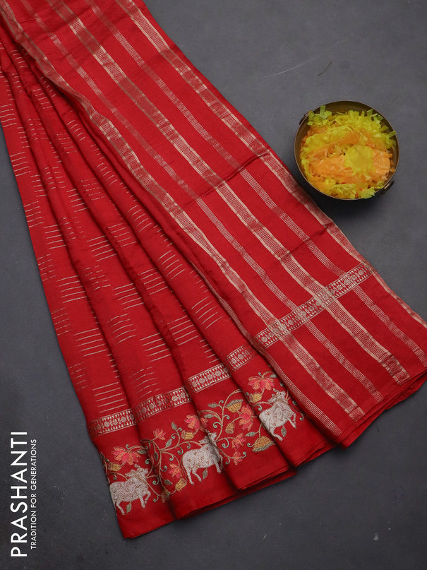 Semi chanderi saree red with allover zari woven geometric weaves and pichwai embroidery border