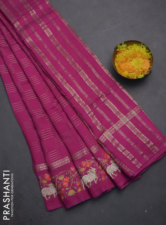 Semi chanderi saree magenta pink with allover zari woven geometric weaves and pichwai embroidery border