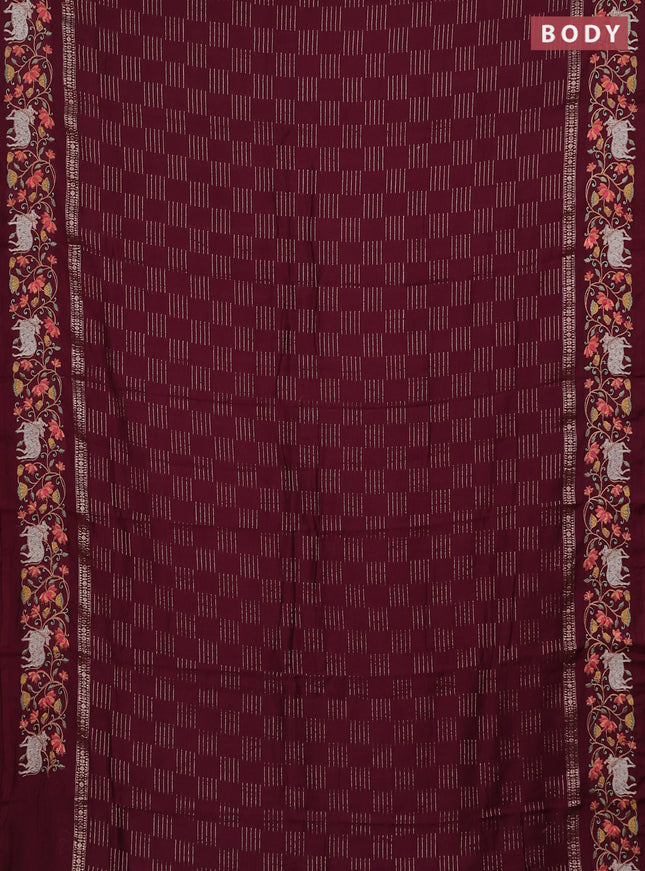 Semi chanderi saree maroon with allover zari woven geometric weaves and pichwai embroidery border