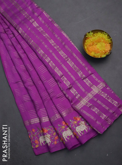 Semi chanderi saree purple with allover zari woven geometric weaves and pichwai embroidery border