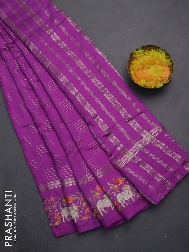 Semi chanderi saree purple with allover zari woven geometric weaves and pichwai embroidery border