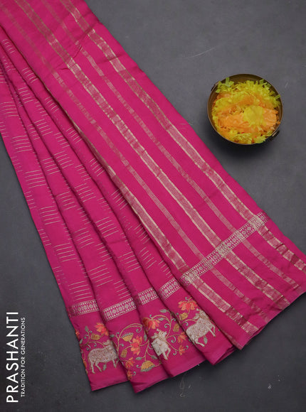 Semi chanderi saree pink with allover zari woven geometric weaves and pichwai embroidery border