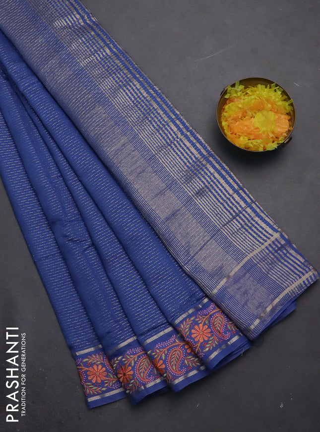 Semi chanderi saree blue with allover zari woven stripes pattern and embroidery border