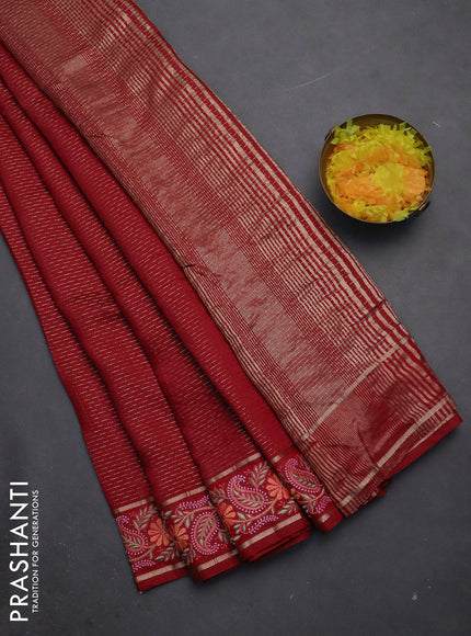 Semi chanderi saree maroon with allover zari woven stripes pattern and embroidery border