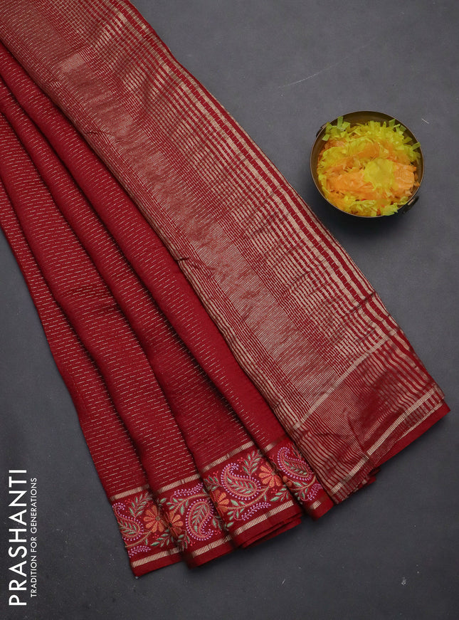 Semi chanderi saree maroon with allover zari woven stripes pattern and embroidery border