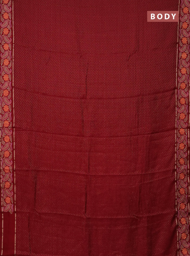 Semi chanderi saree maroon with allover zari woven stripes pattern and embroidery border