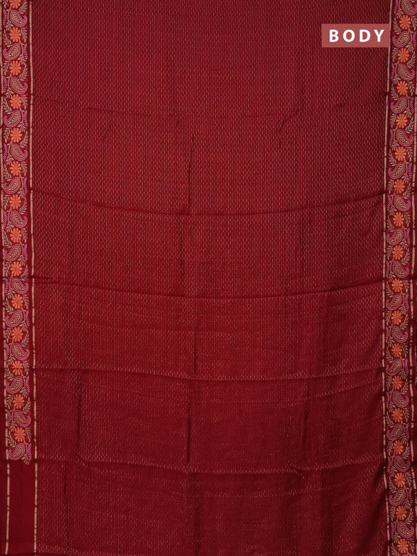 Semi chanderi saree maroon with allover zari woven stripes pattern and embroidery border