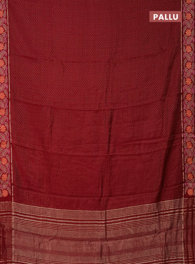 Semi chanderi saree maroon with allover zari woven stripes pattern and embroidery border