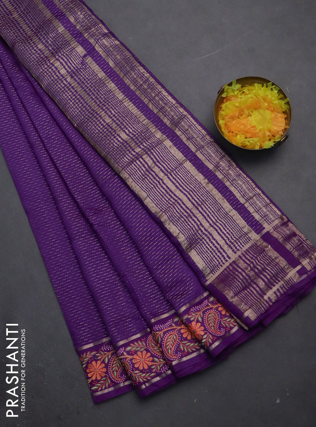 Semi chanderi saree violet with allover zari woven stripes pattern and embroidery border