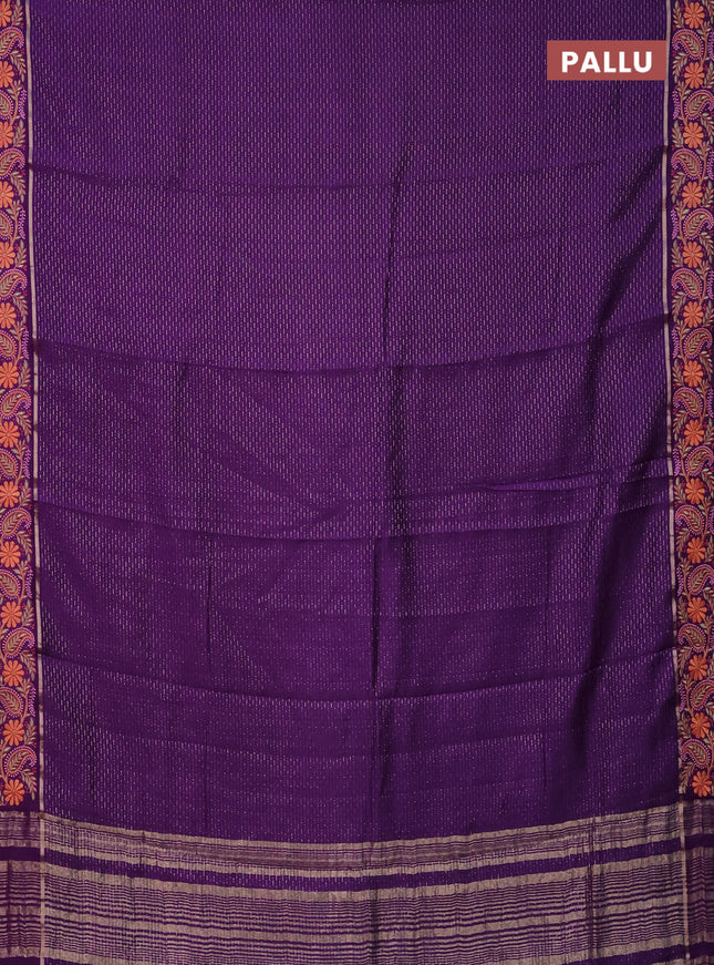 Semi chanderi saree violet with allover zari woven stripes pattern and embroidery border
