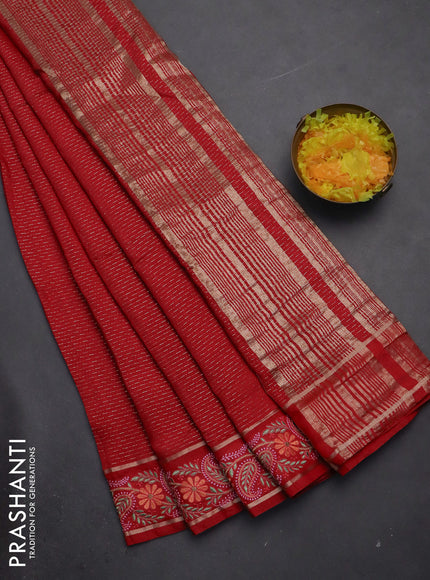 Semi chanderi saree red with allover zari woven stripes pattern and embroidery border