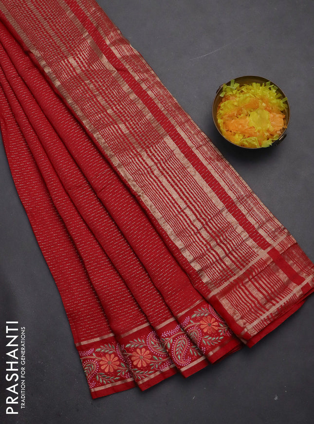 Semi chanderi saree red with allover zari woven stripes pattern and embroidery border