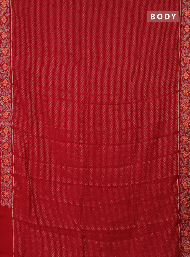 Semi chanderi saree red with allover zari woven stripes pattern and embroidery border