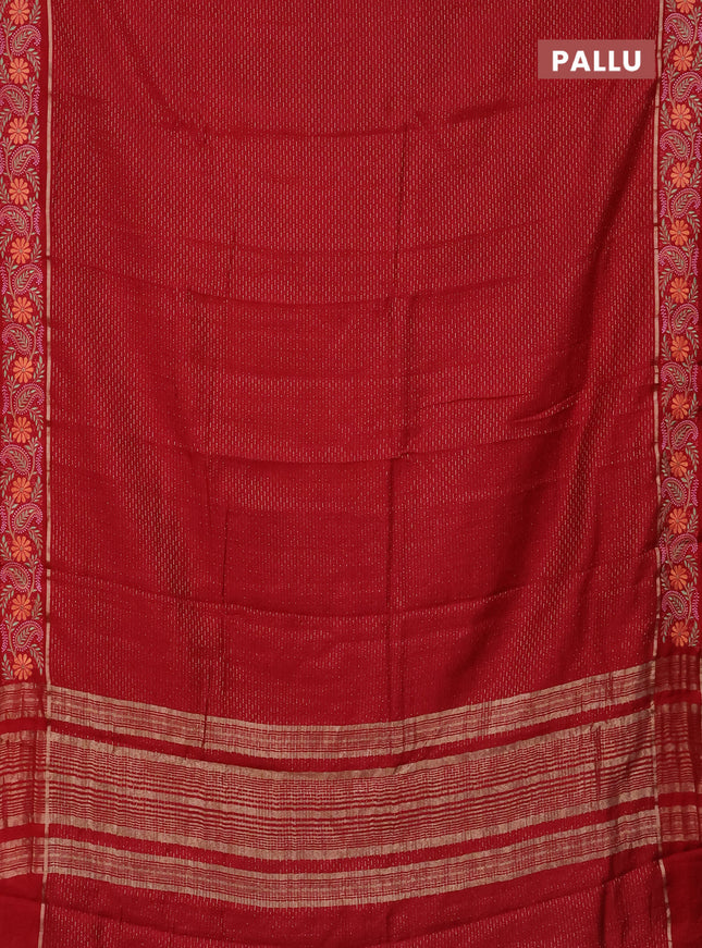 Semi chanderi saree red with allover zari woven stripes pattern and embroidery border