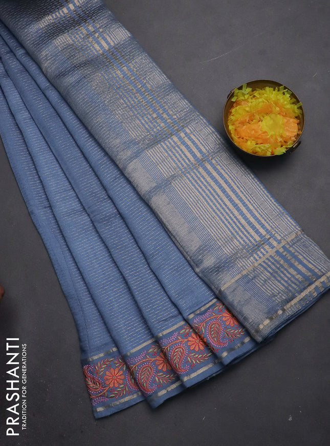 Semi chanderi saree pastel blue with allover zari woven stripes pattern and embroidery border