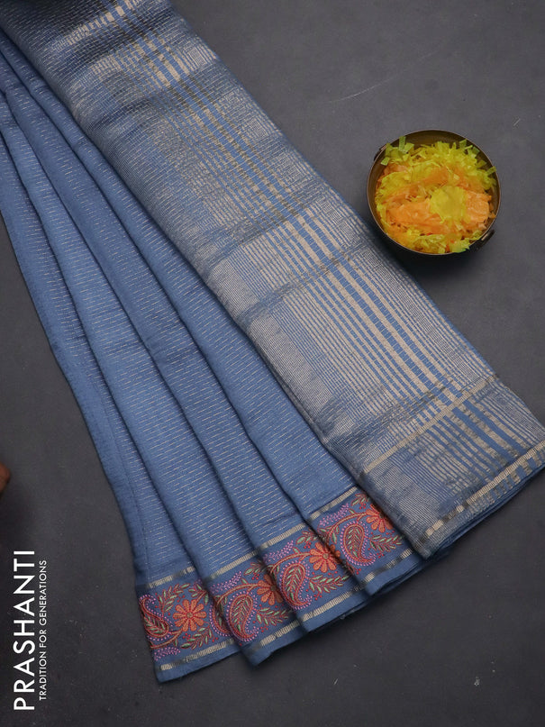 Semi chanderi saree pastel blue with allover zari woven stripes pattern and embroidery border