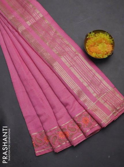 Semi chanderi saree light pink with allover zari woven stripes pattern and embroidery border