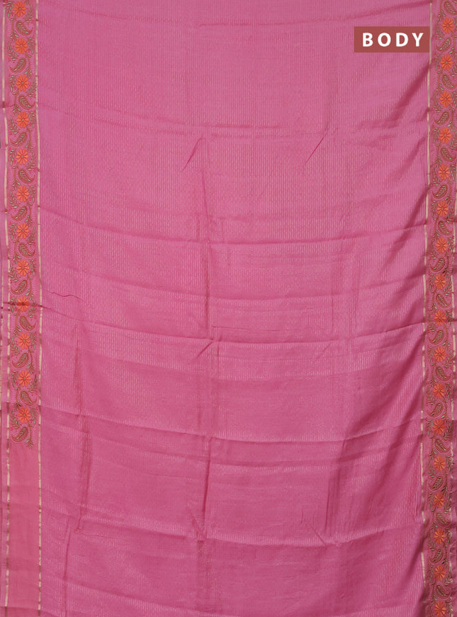 Semi chanderi saree light pink with allover zari woven stripes pattern and embroidery border