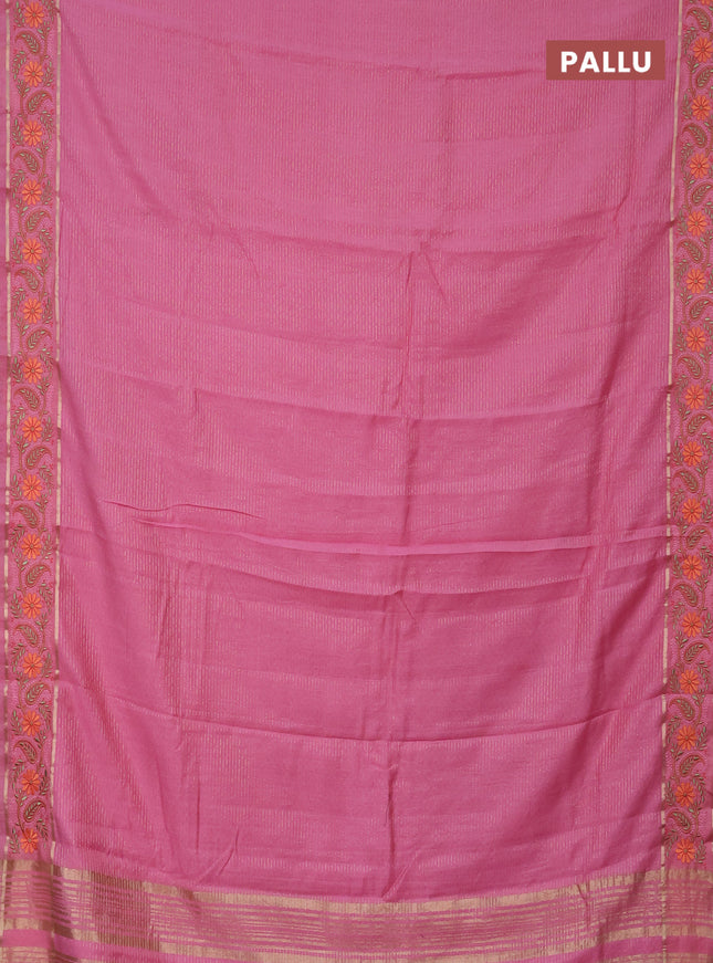 Semi chanderi saree light pink with allover zari woven stripes pattern and embroidery border