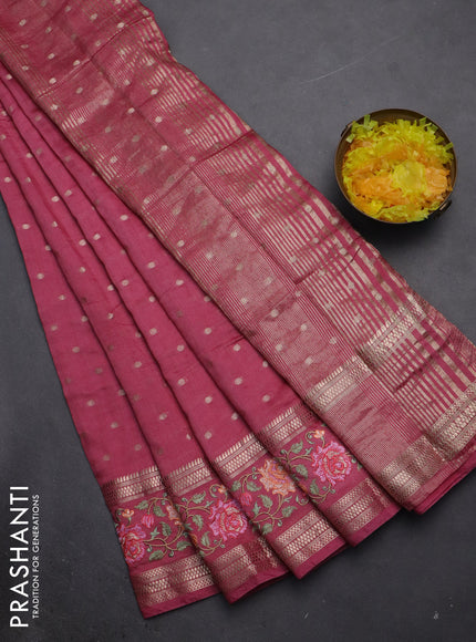 Semi chanderi saree peach pink with allover zari woven buttas and floral embroidery border