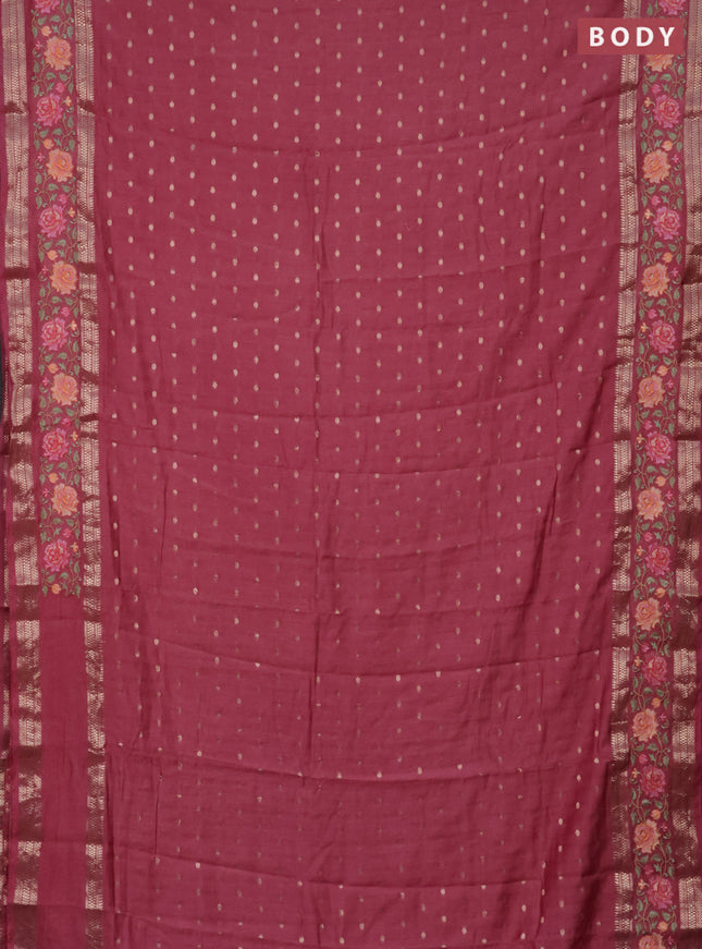 Semi chanderi saree peach pink with allover zari woven buttas and floral embroidery border