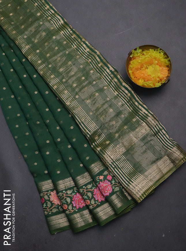 Semi chanderi saree green with allover zari woven buttas and floral embroidery border