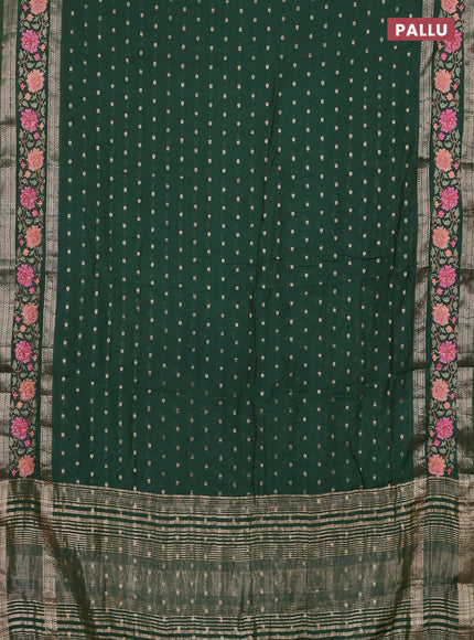 Semi chanderi saree green with allover zari woven buttas and floral embroidery border