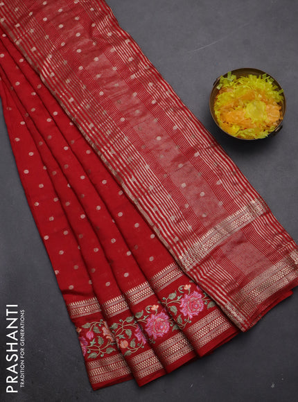 Semi chanderi saree red with allover zari woven buttas and floral embroidery border