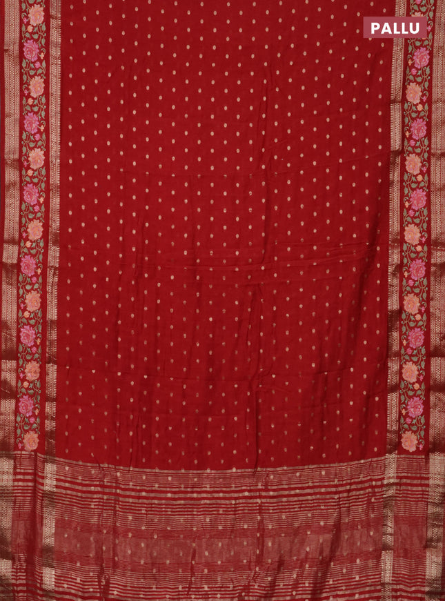 Semi chanderi saree red with allover zari woven buttas and floral embroidery border
