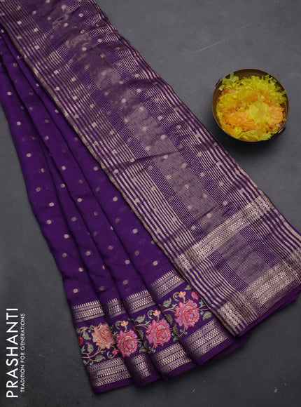 Semi chanderi saree violet with allover zari woven buttas and floral embroidery border