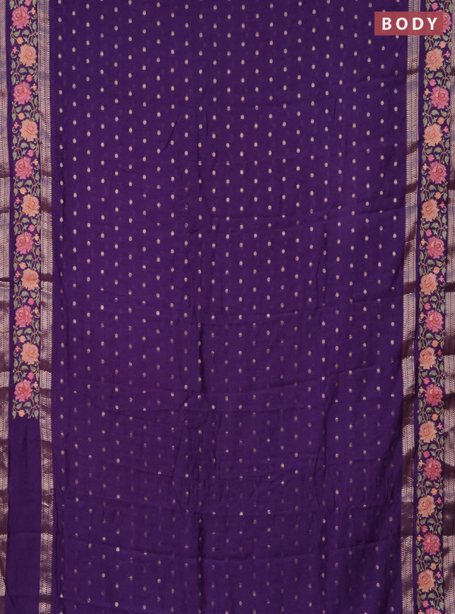 Semi chanderi saree violet with allover zari woven buttas and floral embroidery border