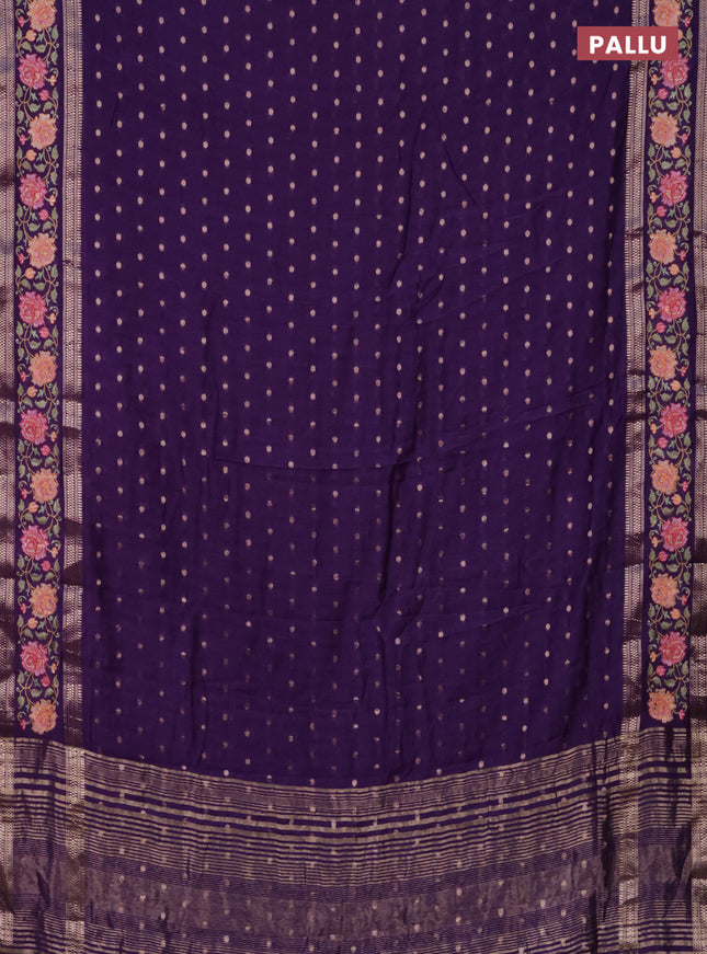 Semi chanderi saree violet with allover zari woven buttas and floral embroidery border