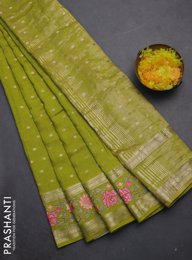 Semi chanderi saree lime green with allover zari woven buttas and floral embroidery border