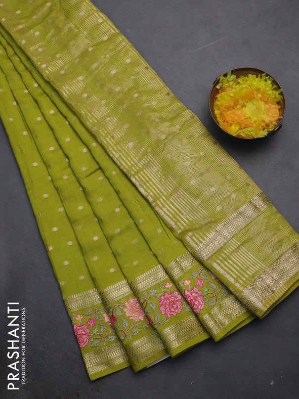 Semi chanderi saree lime green with allover zari woven buttas and floral embroidery border