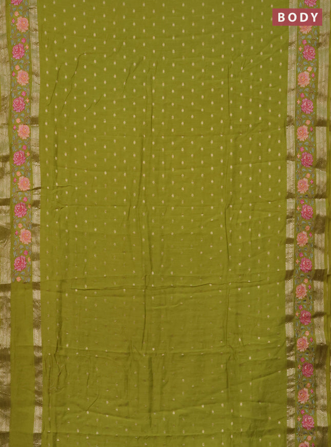 Semi chanderi saree lime green with allover zari woven buttas and floral embroidery border