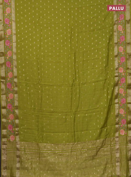 Semi chanderi saree lime green with allover zari woven buttas and floral embroidery border