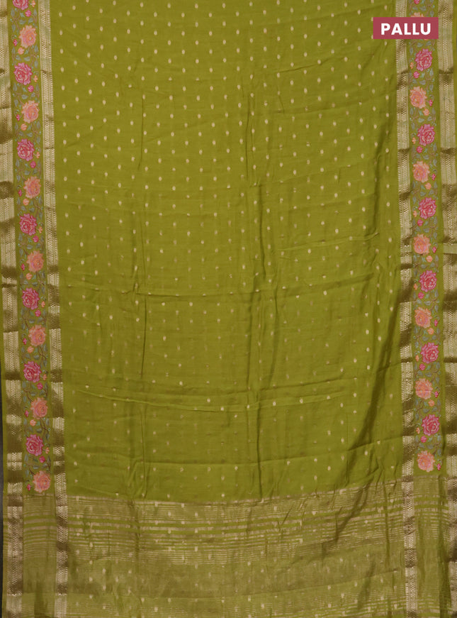Semi chanderi saree lime green with allover zari woven buttas and floral embroidery border