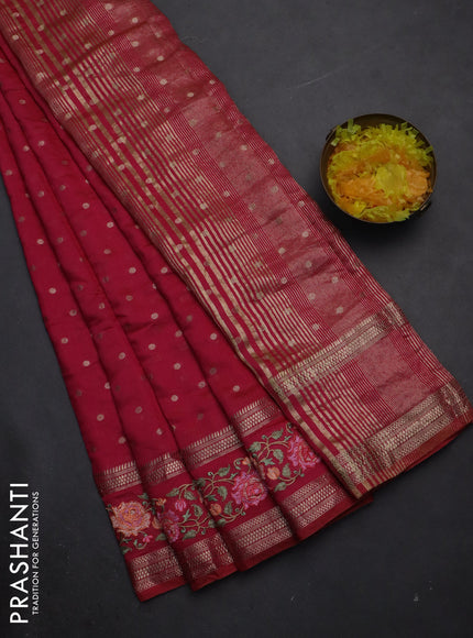 Semi chanderi saree pink with allover zari woven buttas and floral embroidery border
