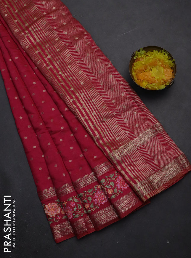 Semi chanderi saree pink with allover zari woven buttas and floral embroidery border