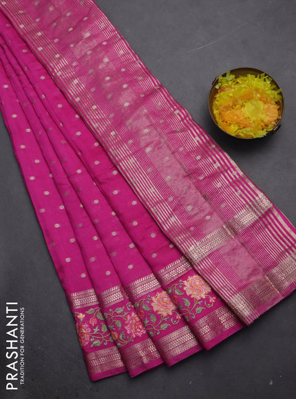Semi chanderi saree pink with allover zari woven buttas and floral embroidery border