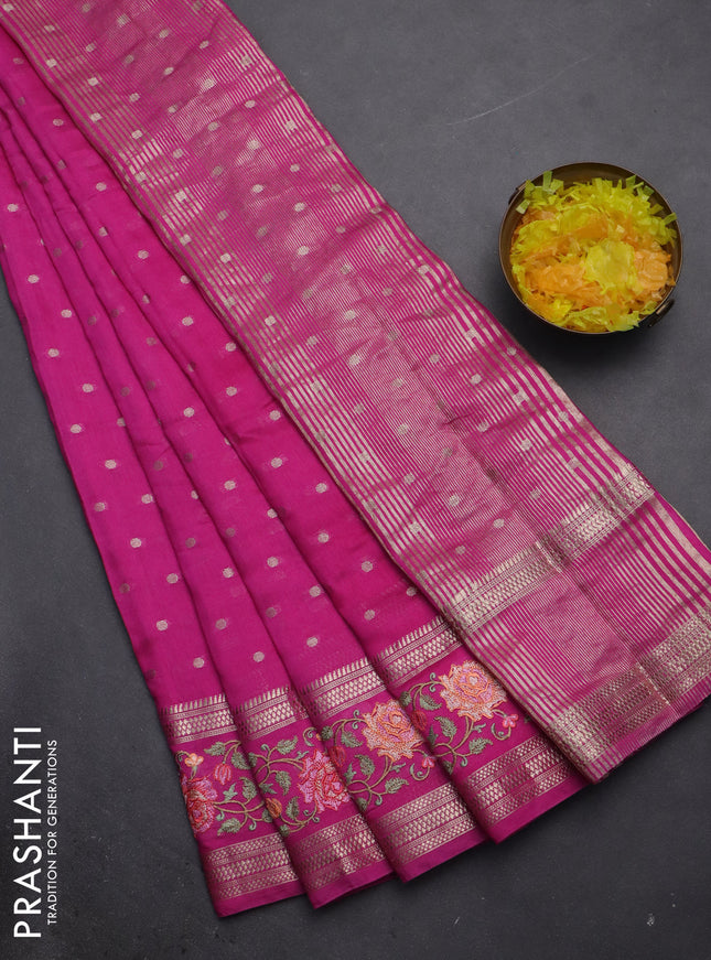 Semi chanderi saree pink with allover zari woven buttas and floral embroidery border