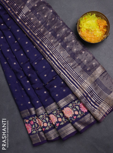Semi chanderi saree dark blue with allover zari woven buttas and floral embroidery border