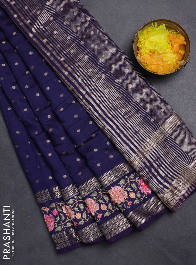 Semi chanderi saree dark blue with allover zari woven buttas and floral embroidery border