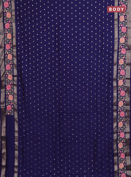 Semi chanderi saree dark blue with allover zari woven buttas and floral embroidery border