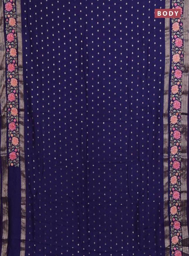 Semi chanderi saree dark blue with allover zari woven buttas and floral embroidery border