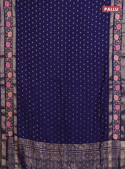 Semi chanderi saree dark blue with allover zari woven buttas and floral embroidery border