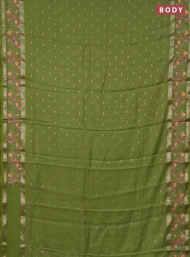 Semi chanderi saree light green with allover zari weaves and floral embroidery border